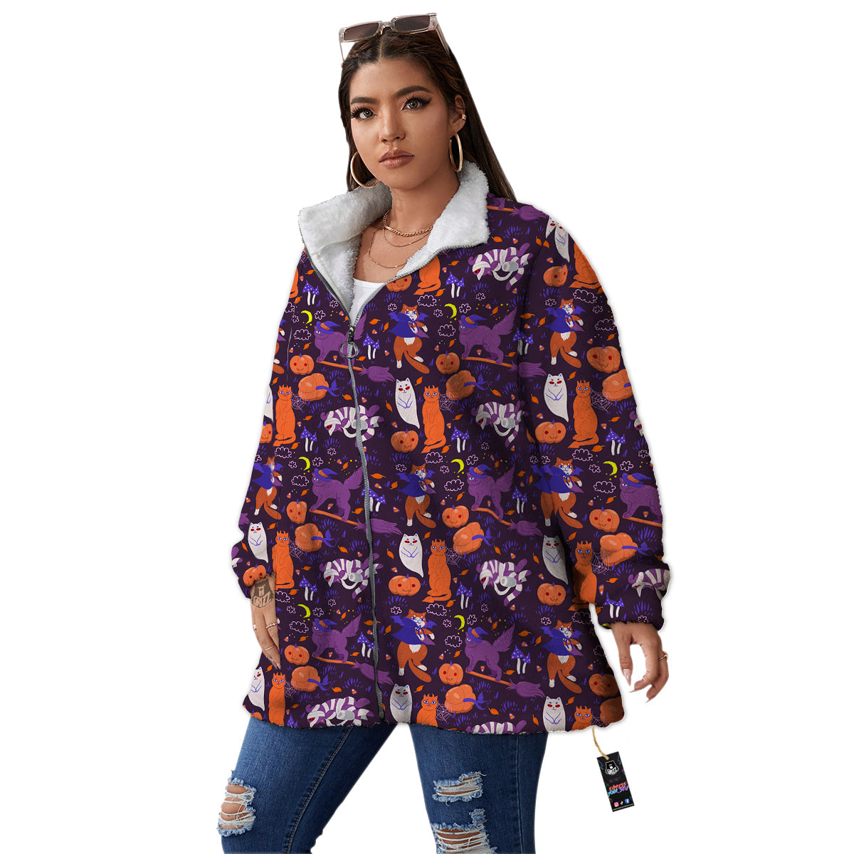 Cute Cats Halloween Print Pattern Women's Sherpa Jacket-grizzshop