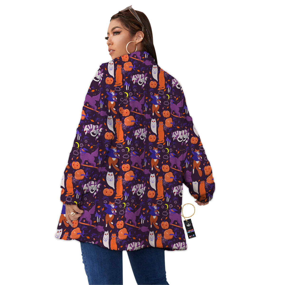 Cute Cats Halloween Print Pattern Women's Sherpa Jacket-grizzshop