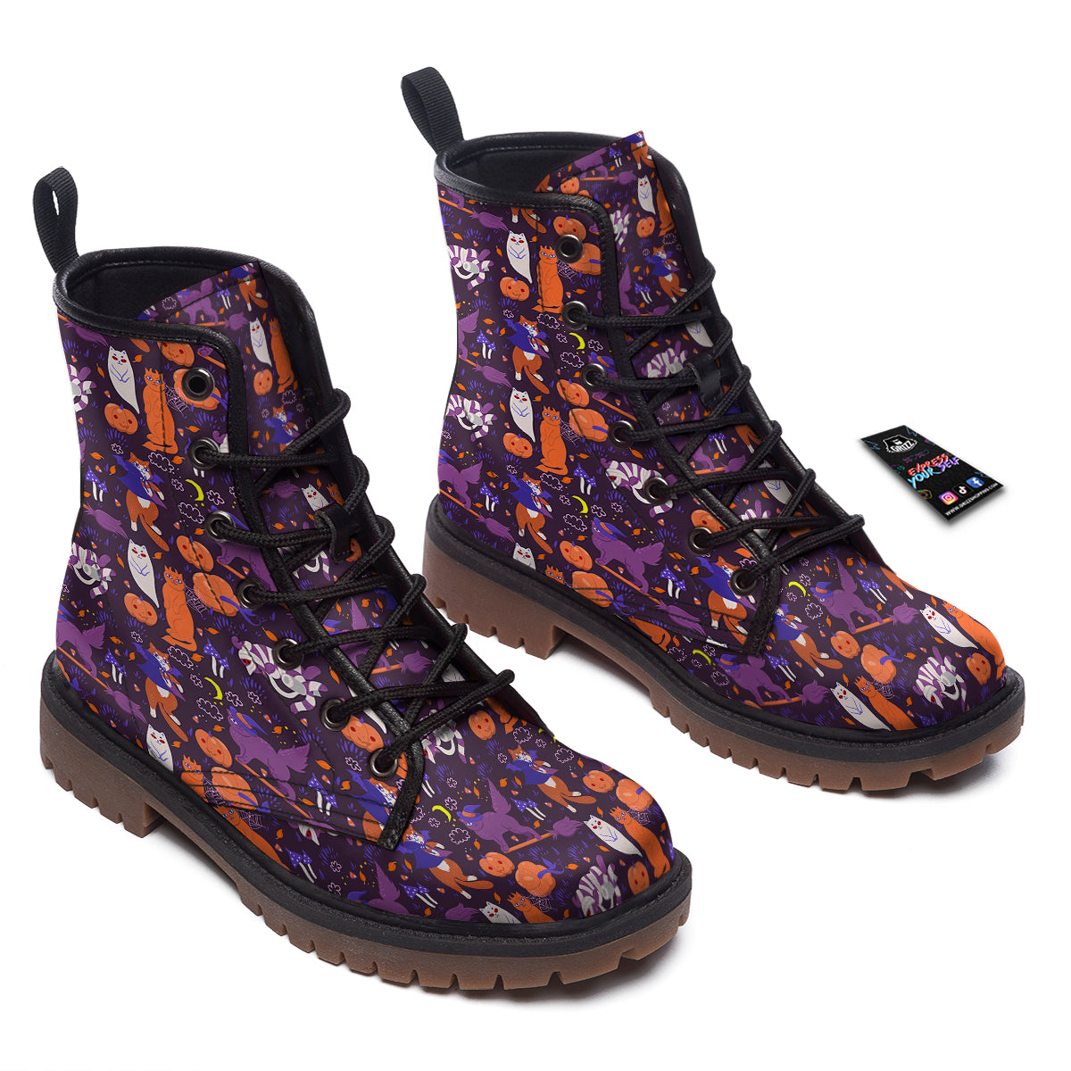 Cute Cats Halloween Print Pattern Work Boots-grizzshop