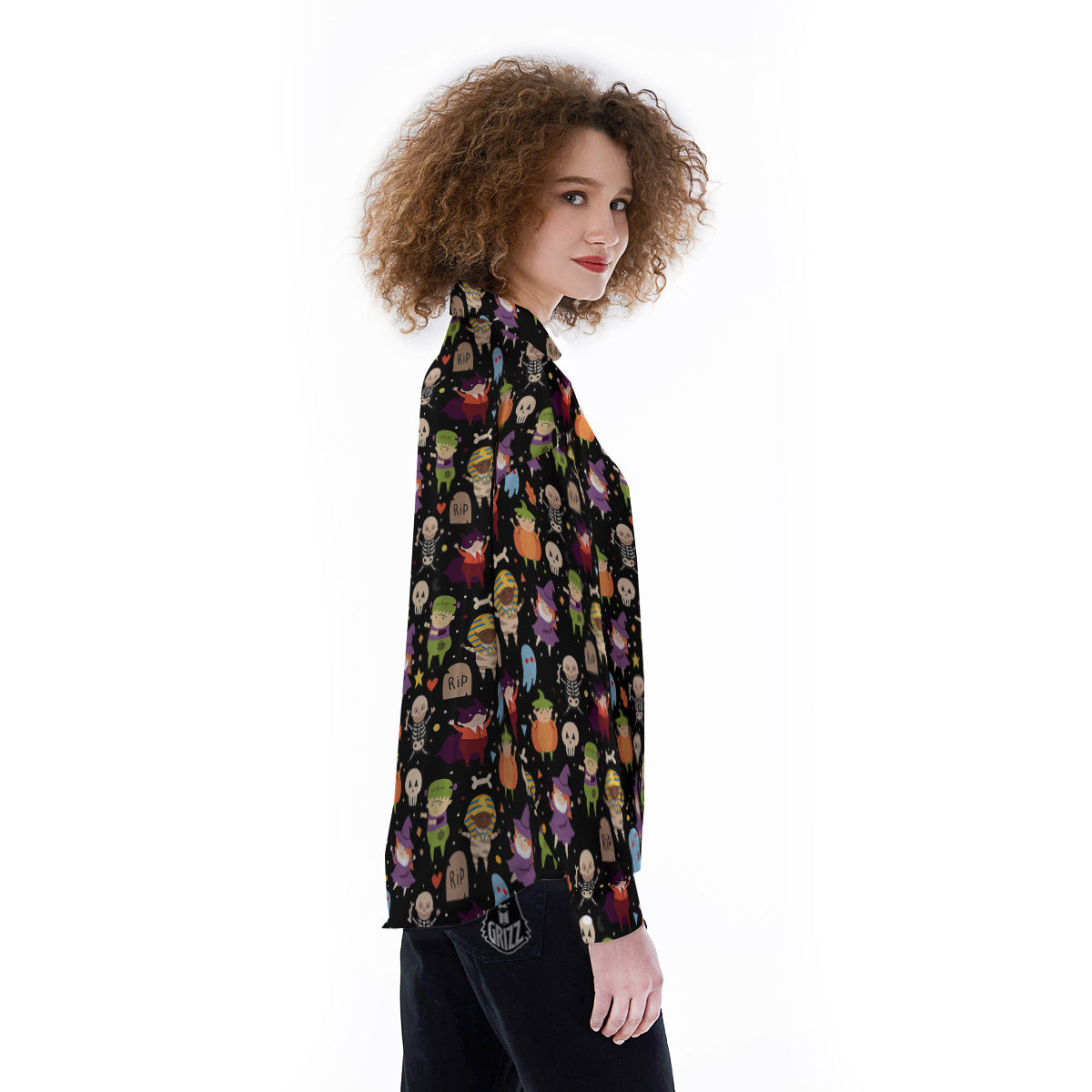 Cute Children Halloween Print Pattern Women's Long Sleeve Shirts-grizzshop