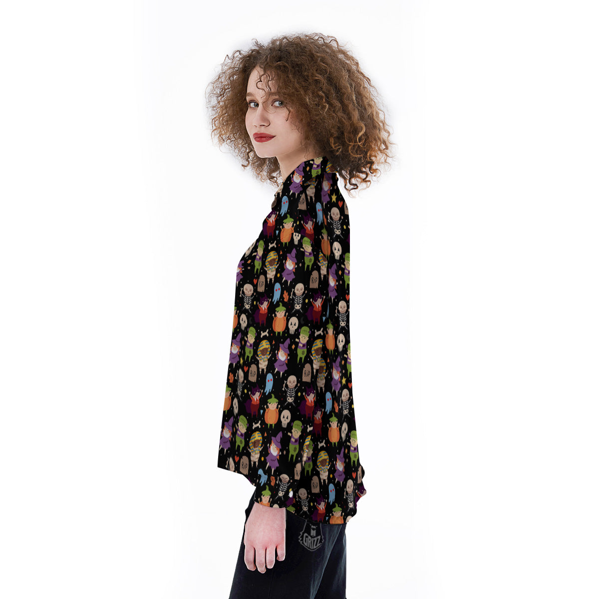 Cute Children Halloween Print Pattern Women's Long Sleeve Shirts-grizzshop