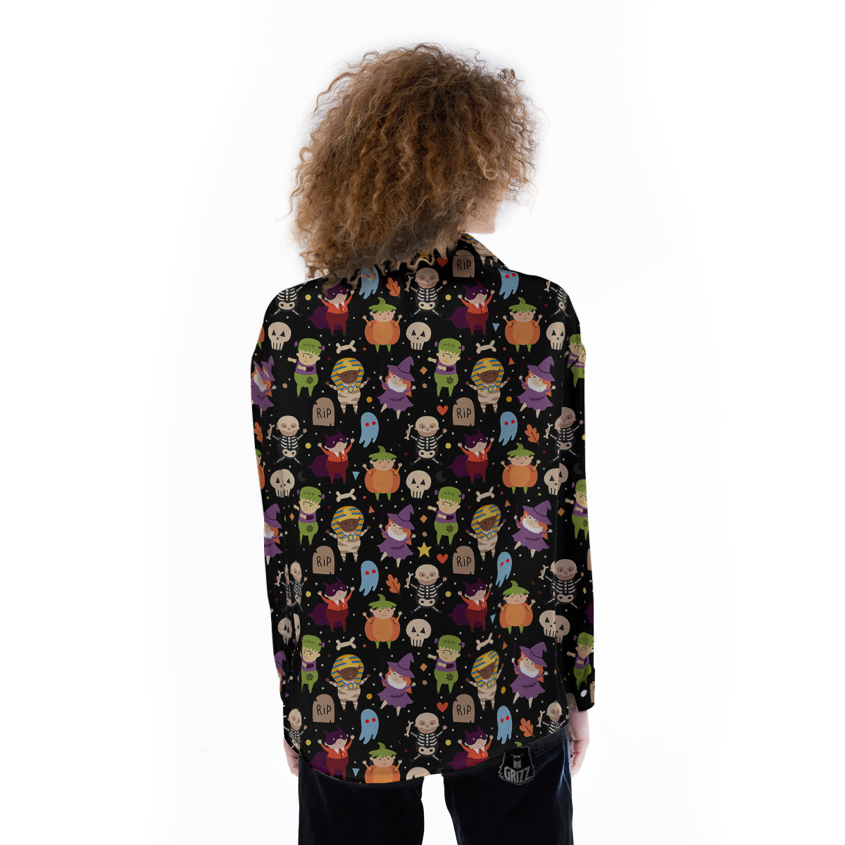Cute Children Halloween Print Pattern Women's Long Sleeve Shirts-grizzshop