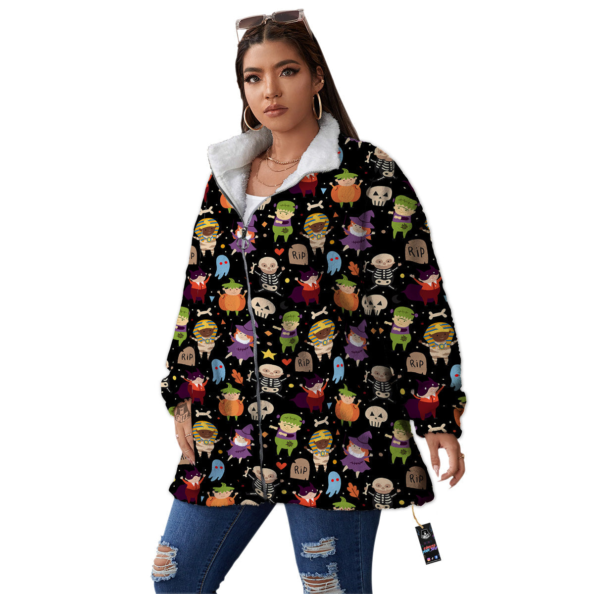 Cute Children Halloween Print Pattern Women's Sherpa Jacket-grizzshop