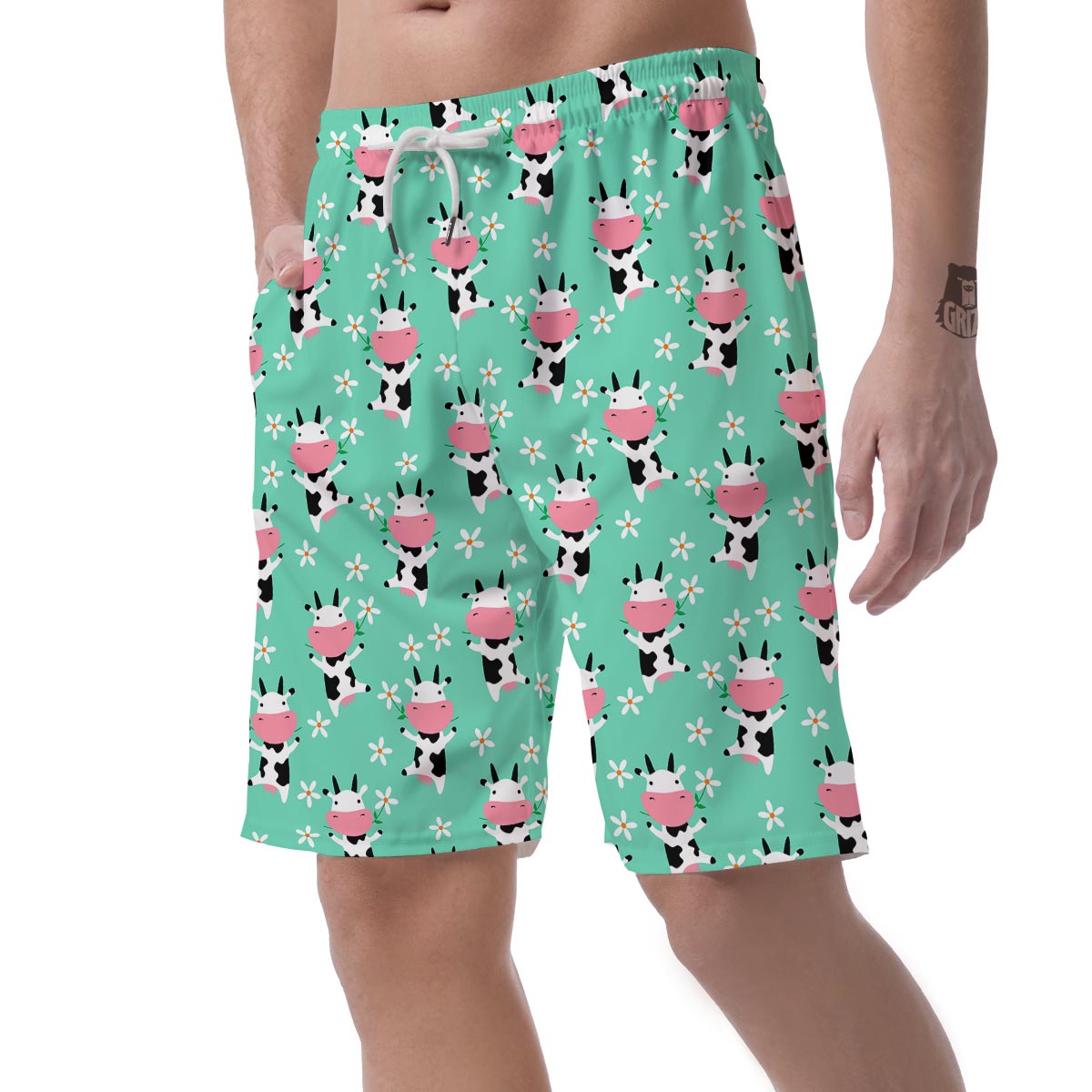 Cute Cow Floral Print Men's Shorts-grizzshop