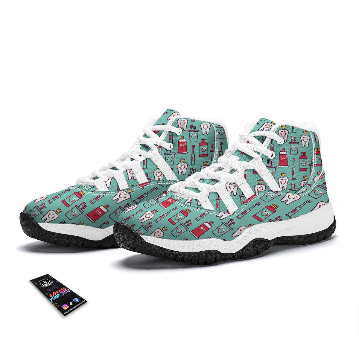 Cute Dental Floss And Tooth Print Pattern White Bball Shoes-grizzshop