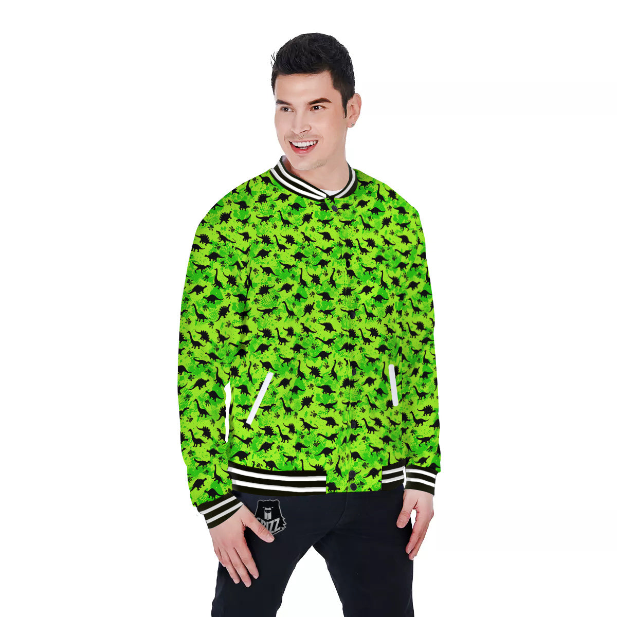 Cute Dino Green Print Pattern Baseball Jacket-grizzshop