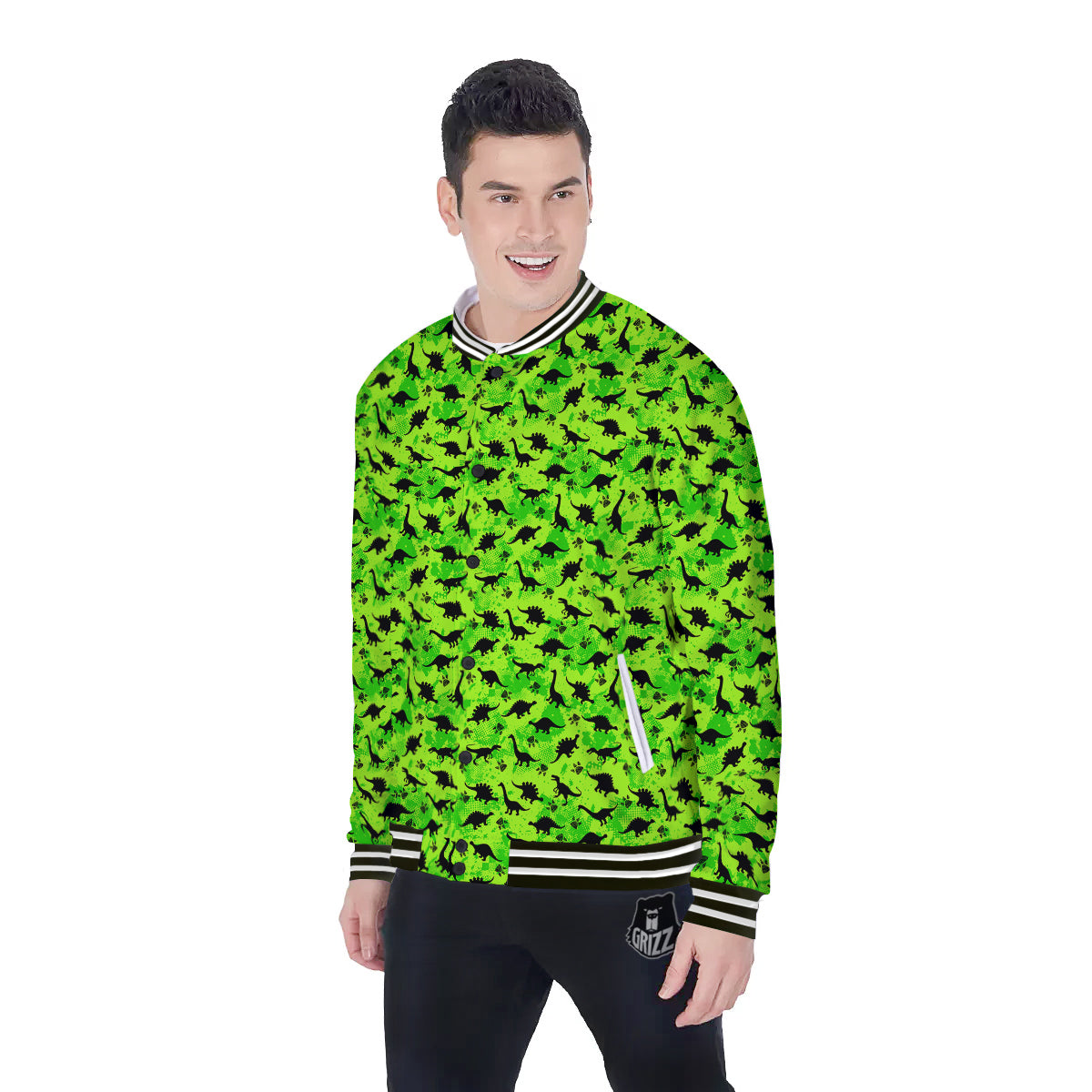 Cute Dino Green Print Pattern Baseball Jacket-grizzshop