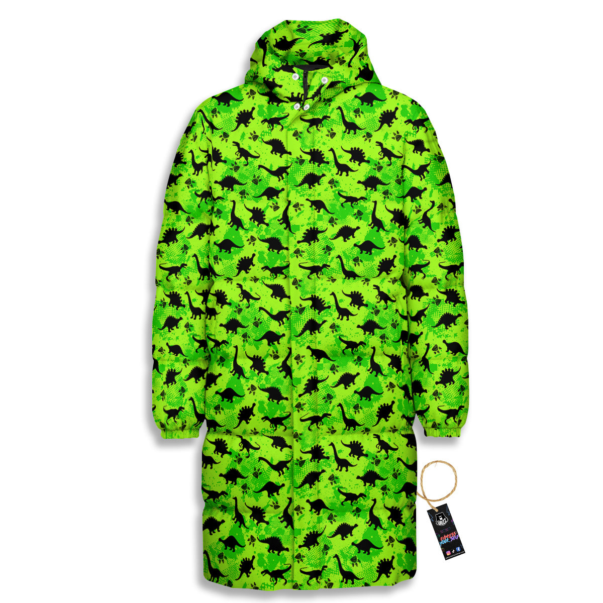 Cute Dino Green Print Pattern Long Down Jacket-grizzshop