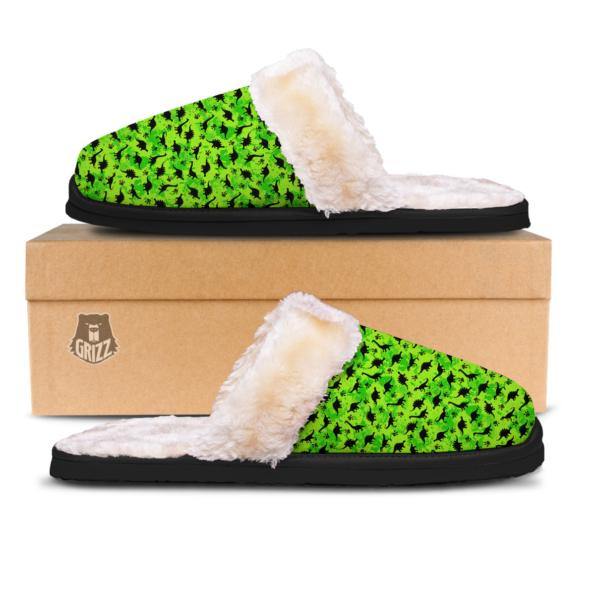 Cute Dino Green Print Pattern Slippers-grizzshop