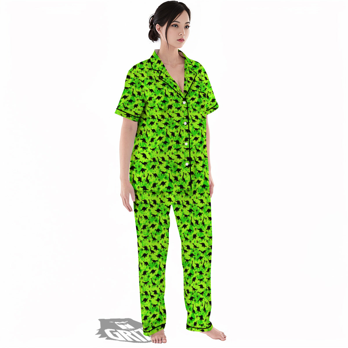 Cute Dino Green Print Pattern Women's Pajamas Set-grizzshop