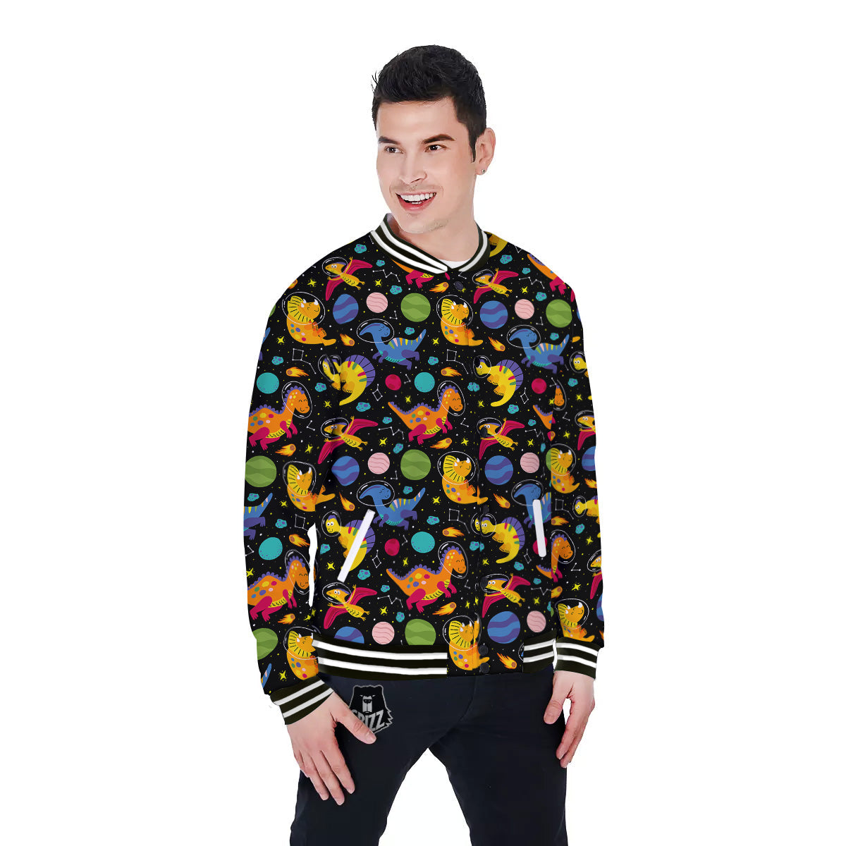 Cute Dinosaurs In Space Print Pattern Baseball Jacket-grizzshop