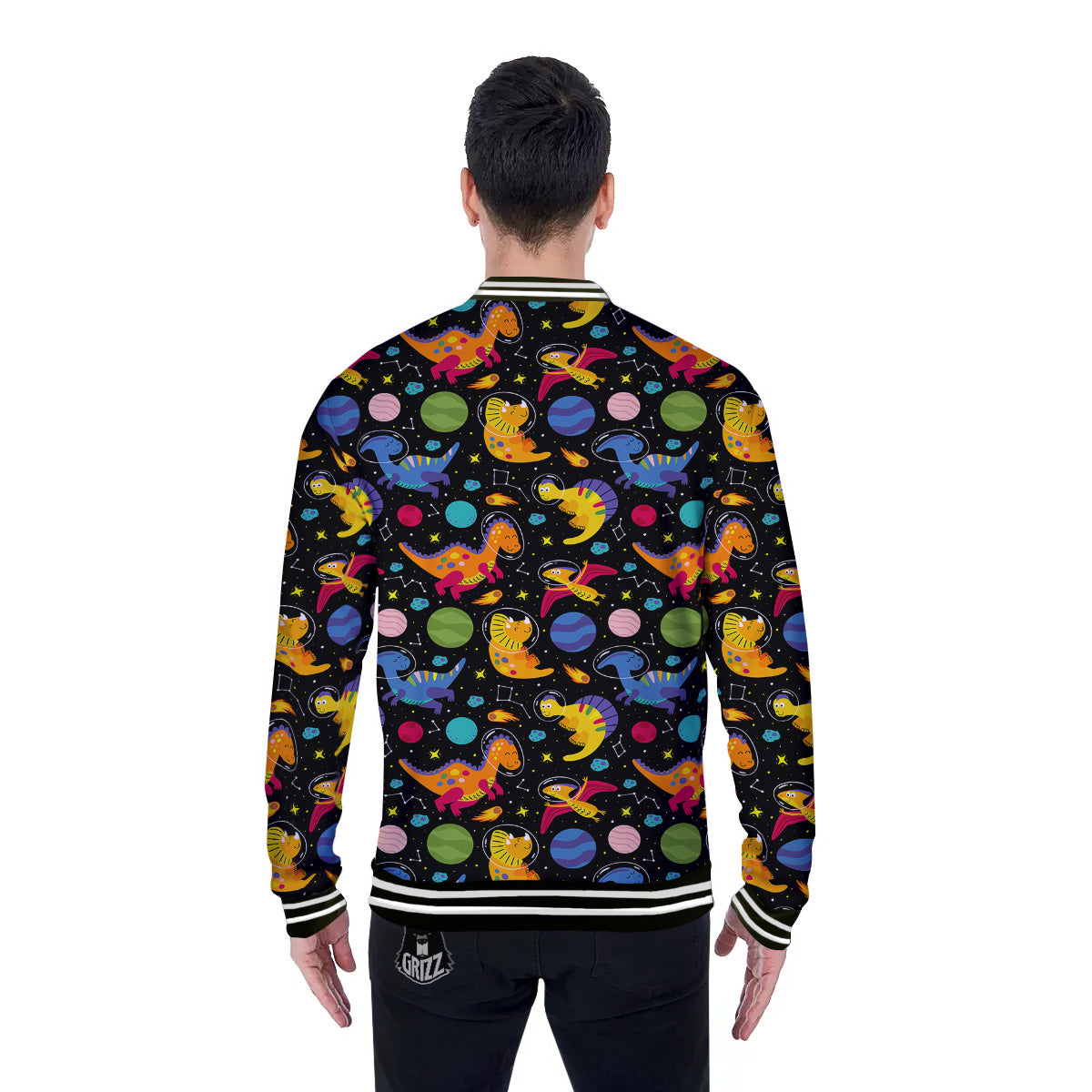 Cute Dinosaurs In Space Print Pattern Baseball Jacket-grizzshop