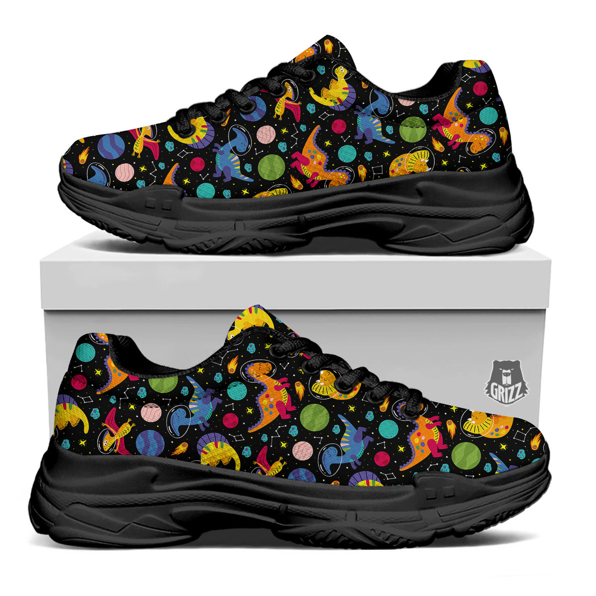 Cute Dinosaurs In Space Print Pattern Black Chunky Shoes-grizzshop
