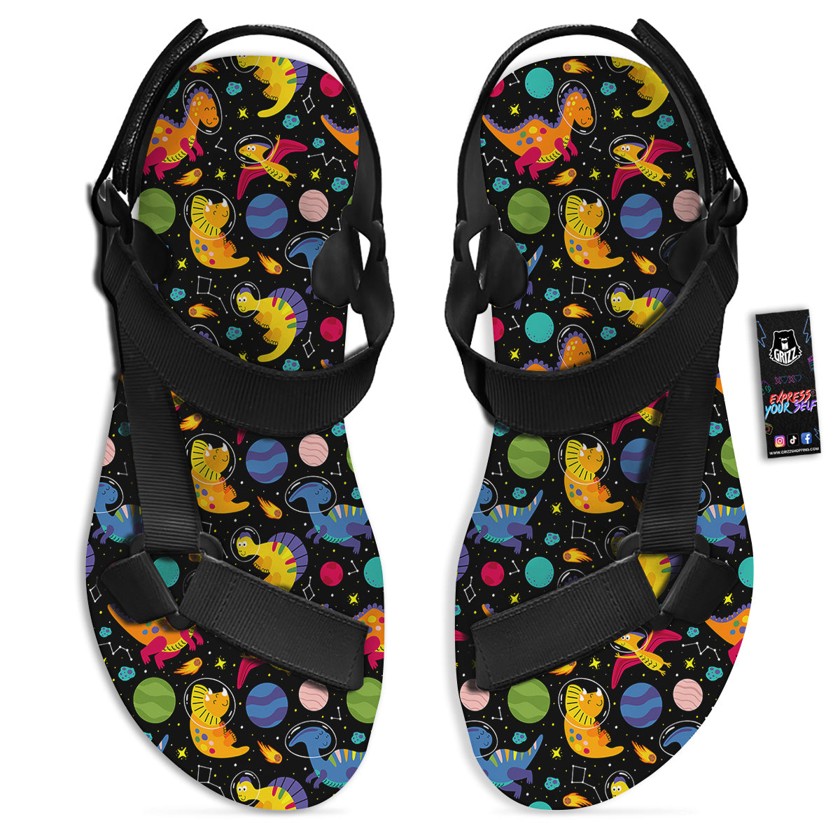 Cute Dinosaurs In Space Print Pattern Black Open Toe Sandals-grizzshop