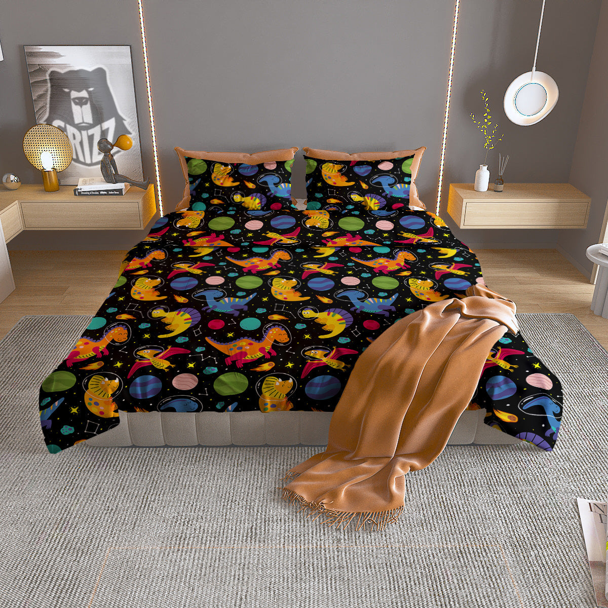 Cute Dinosaurs In Space Print Pattern Duvet Cover Bedding Set