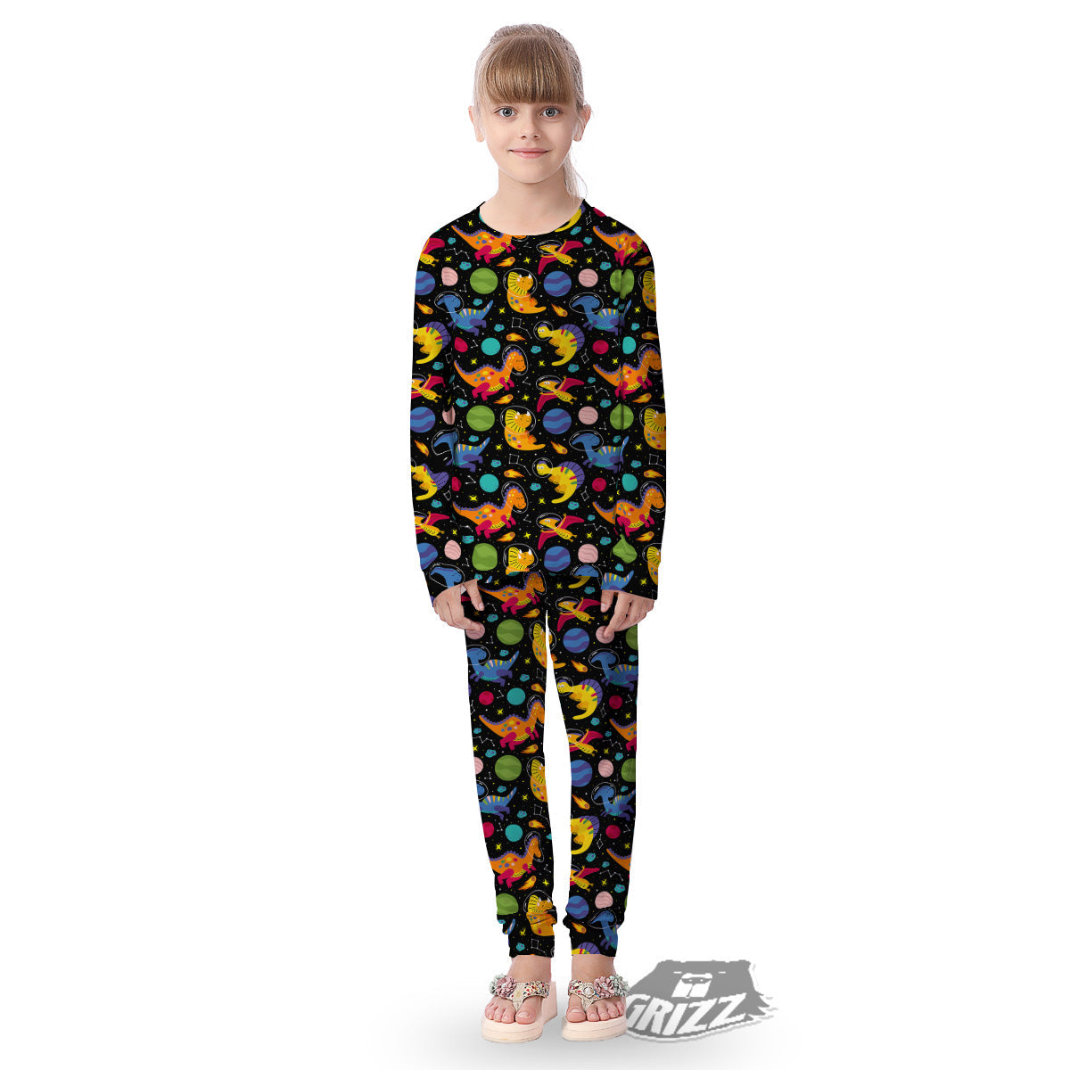 Cute Dinosaurs In Space Print Pattern Kid's Pajamas-grizzshop