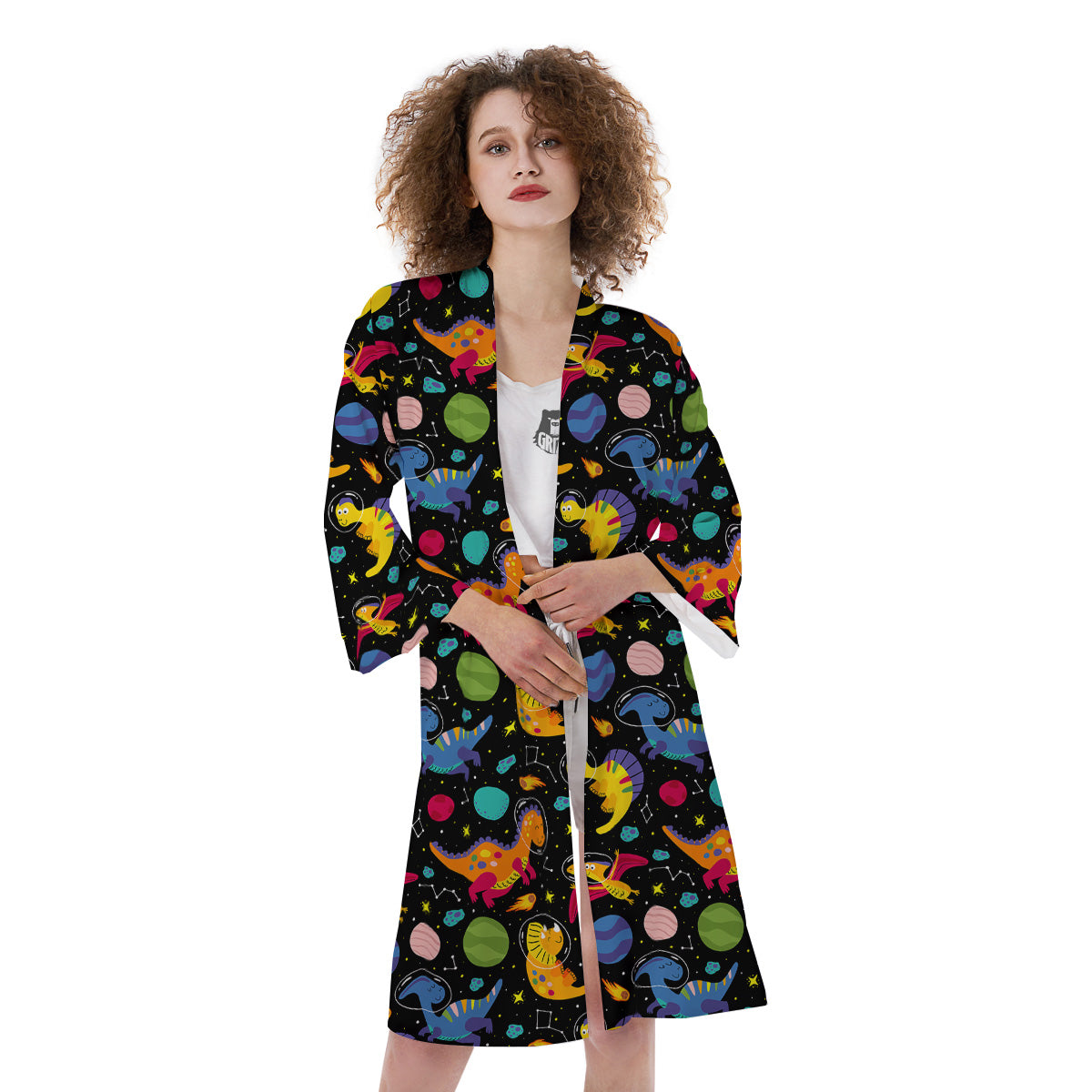 Cute Dinosaurs In Space Print Pattern Kimono-grizzshop