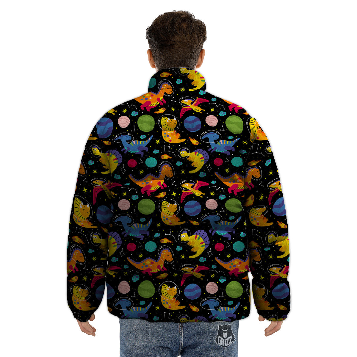 Cute Dinosaurs In Space Print Pattern Puffer Jacket-grizzshop