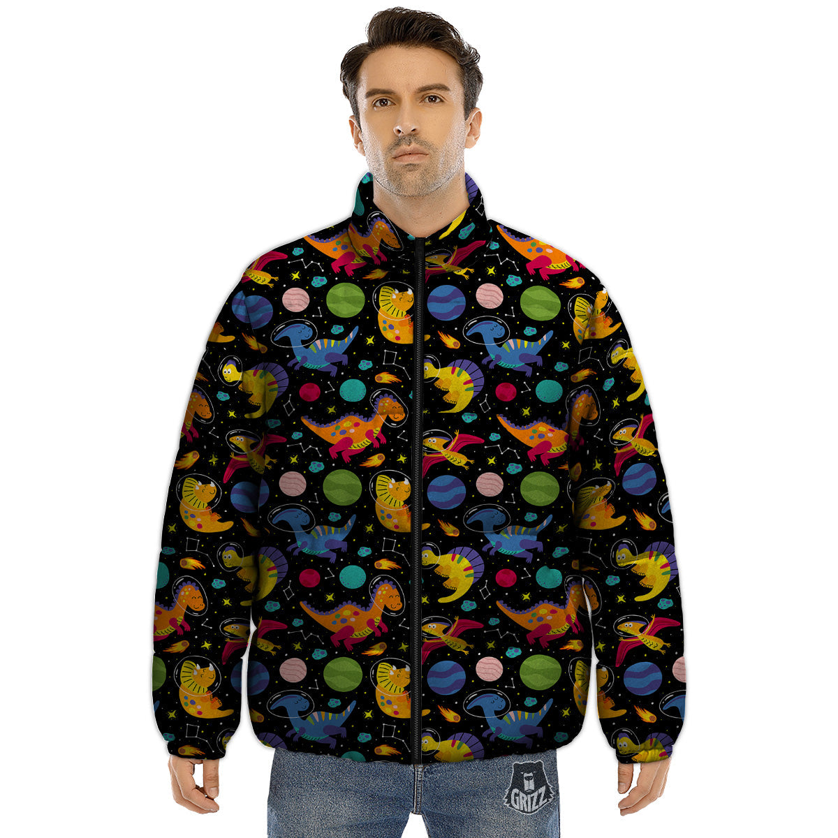 Cute Dinosaurs In Space Print Pattern Puffer Jacket-grizzshop