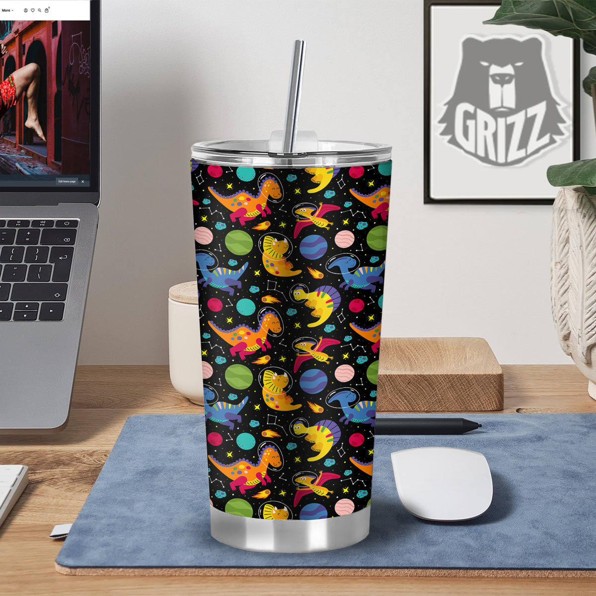 Cute Dinosaurs In Space Print Pattern Tumbler-grizzshop