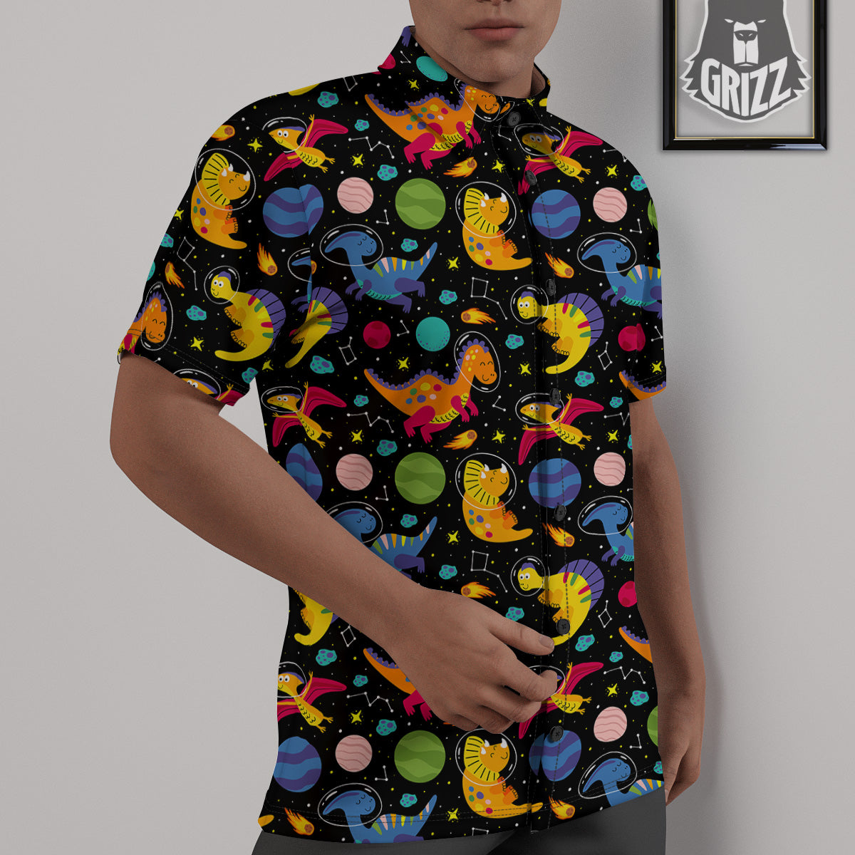Cute Dinosaurs In Space Print Pattern Untucked Shirts-grizzshop