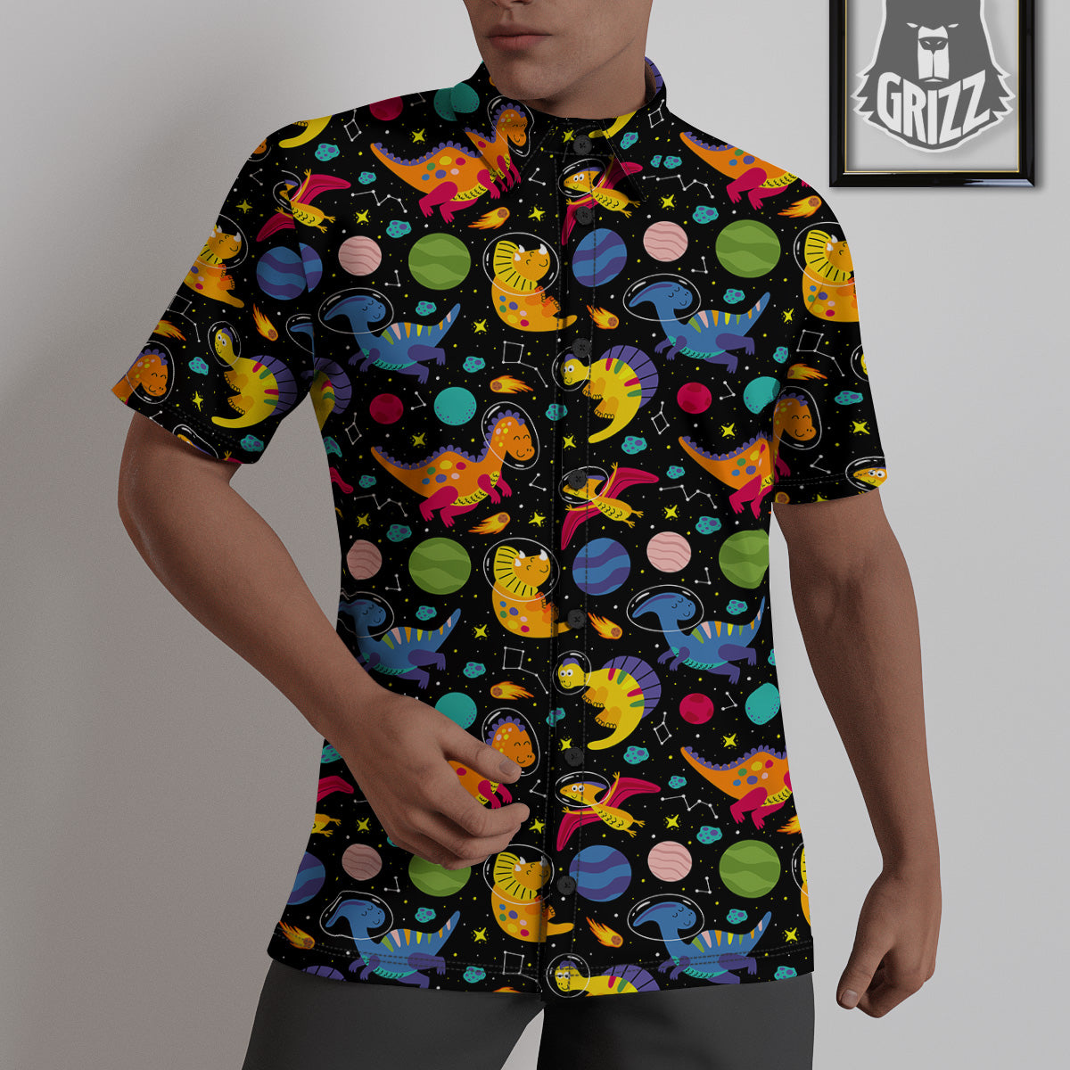 Cute Dinosaurs In Space Print Pattern Untucked Shirts-grizzshop