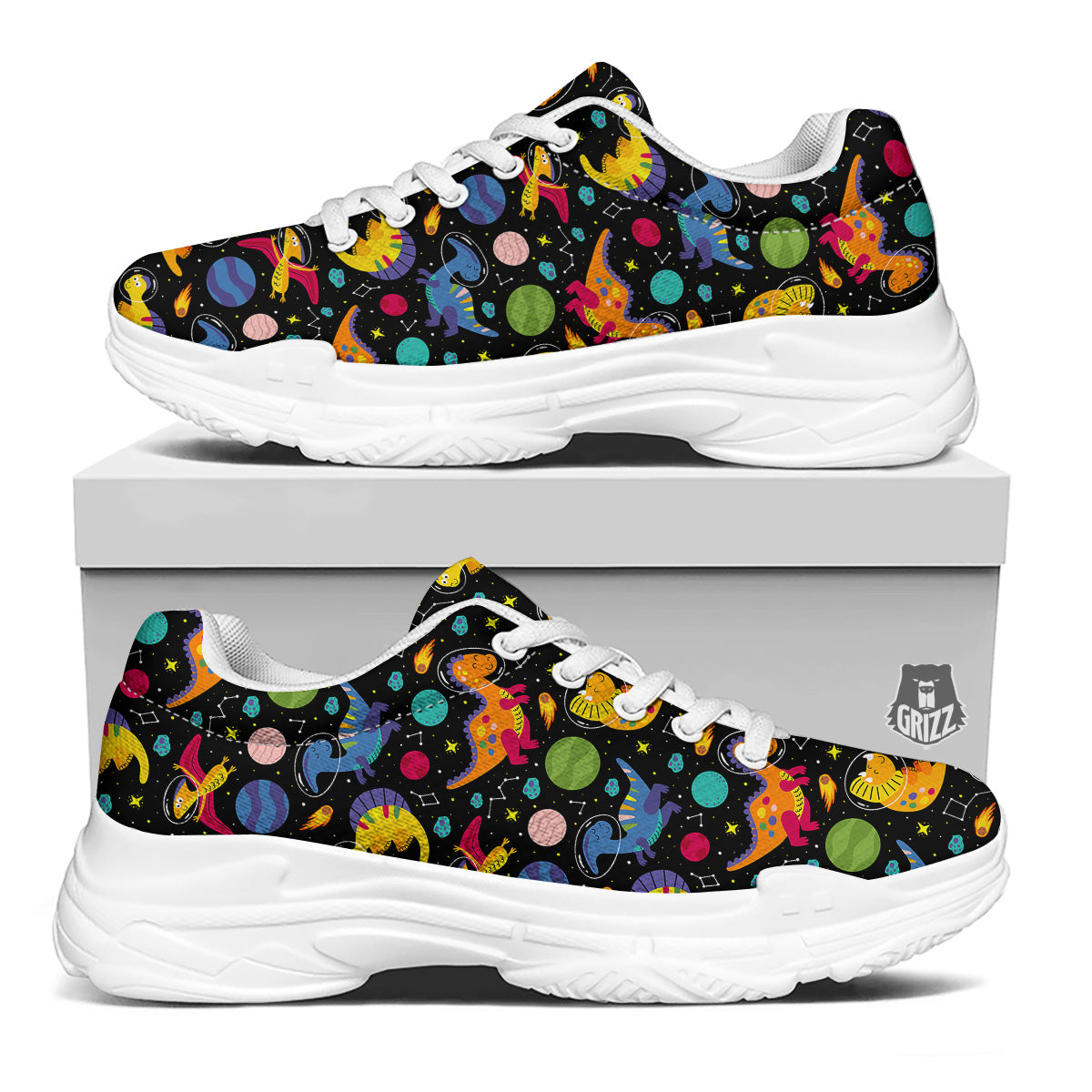 Cute Dinosaurs In Space Print Pattern White Chunky Shoes-grizzshop