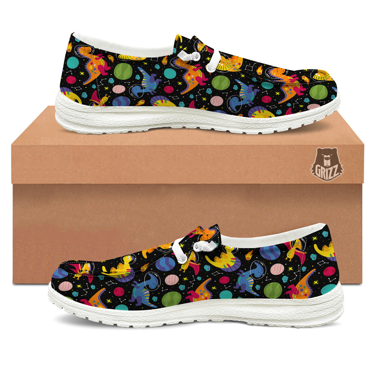 Cute Dinosaurs In Space Print Pattern White Loafers-grizzshop