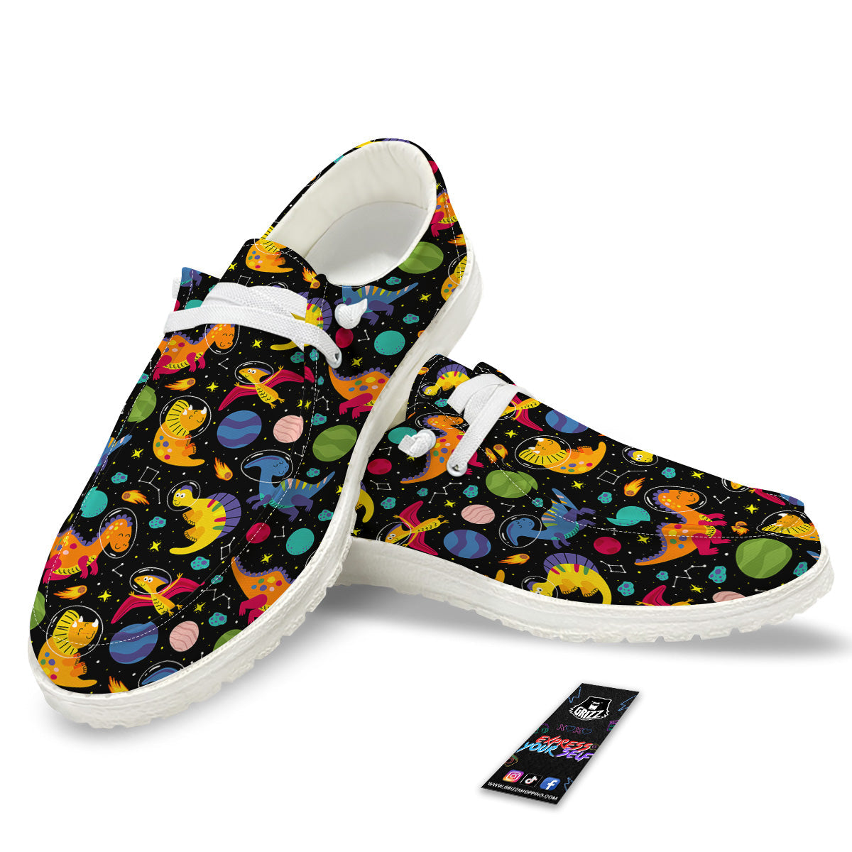 Cute Dinosaurs In Space Print Pattern White Loafers-grizzshop