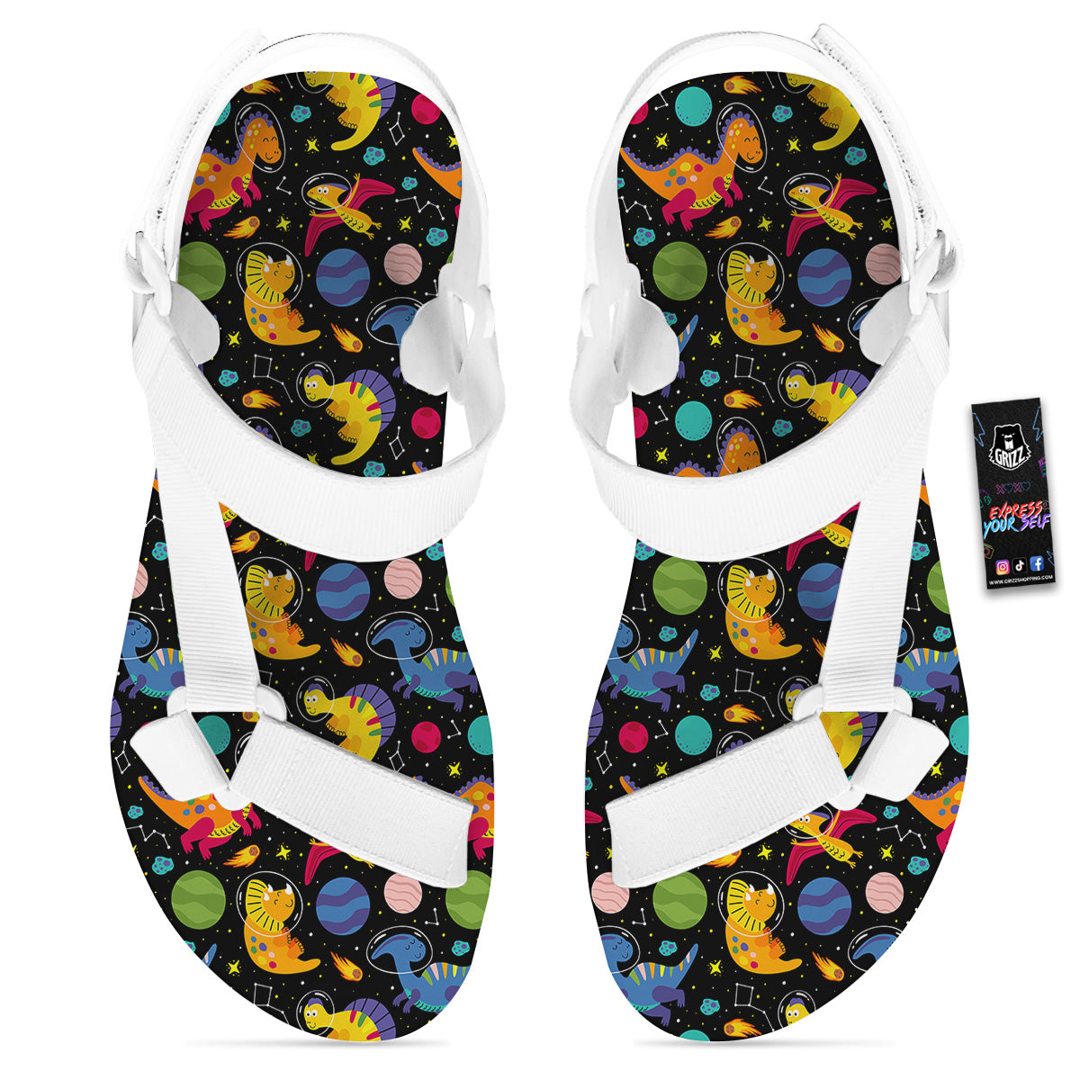 Cute Dinosaurs In Space Print Pattern White Open Toe Sandals-grizzshop