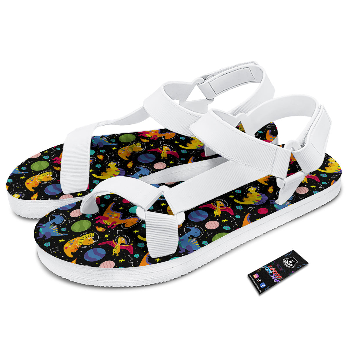 Cute Dinosaurs In Space Print Pattern White Open Toe Sandals-grizzshop