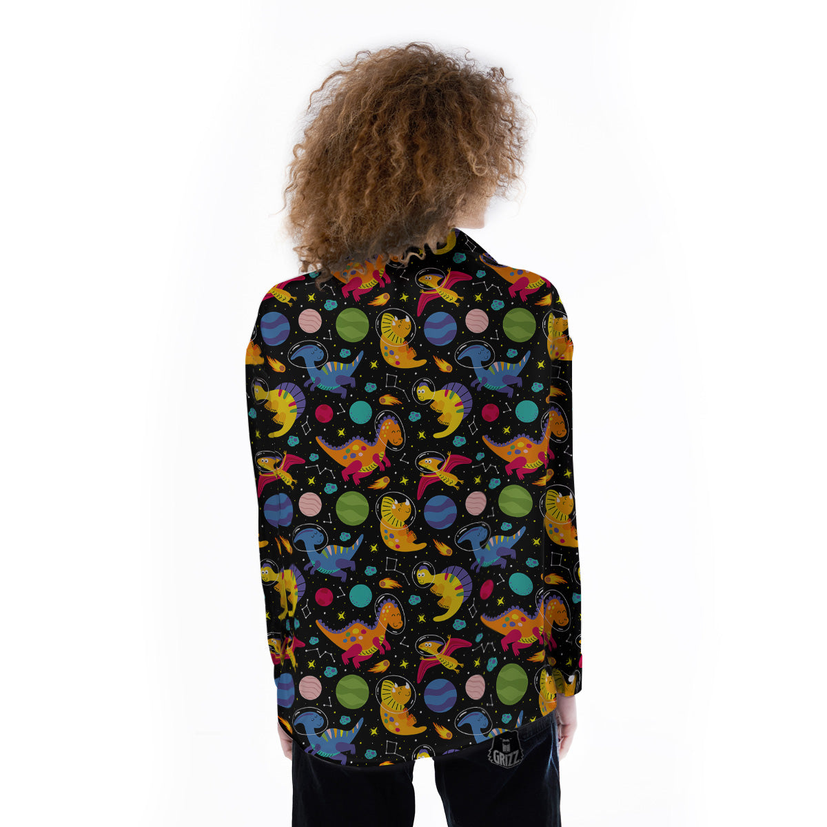 Cute Dinosaurs In Space Print Pattern Women's Long Sleeve Shirts-grizzshop