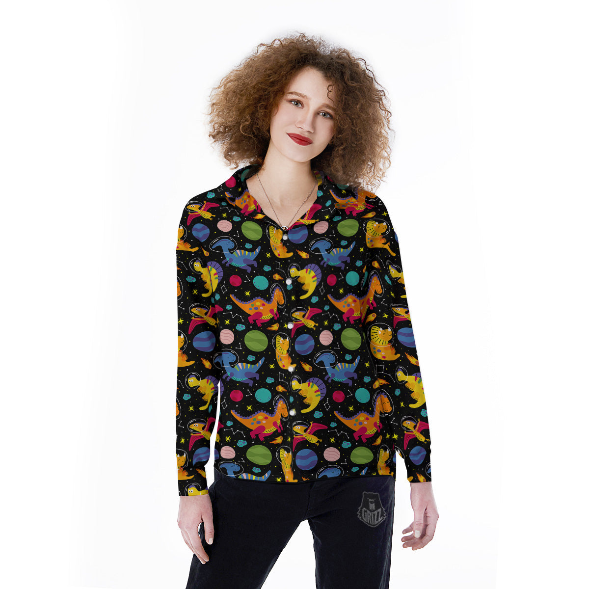 Cute Dinosaurs In Space Print Pattern Women's Long Sleeve Shirts-grizzshop