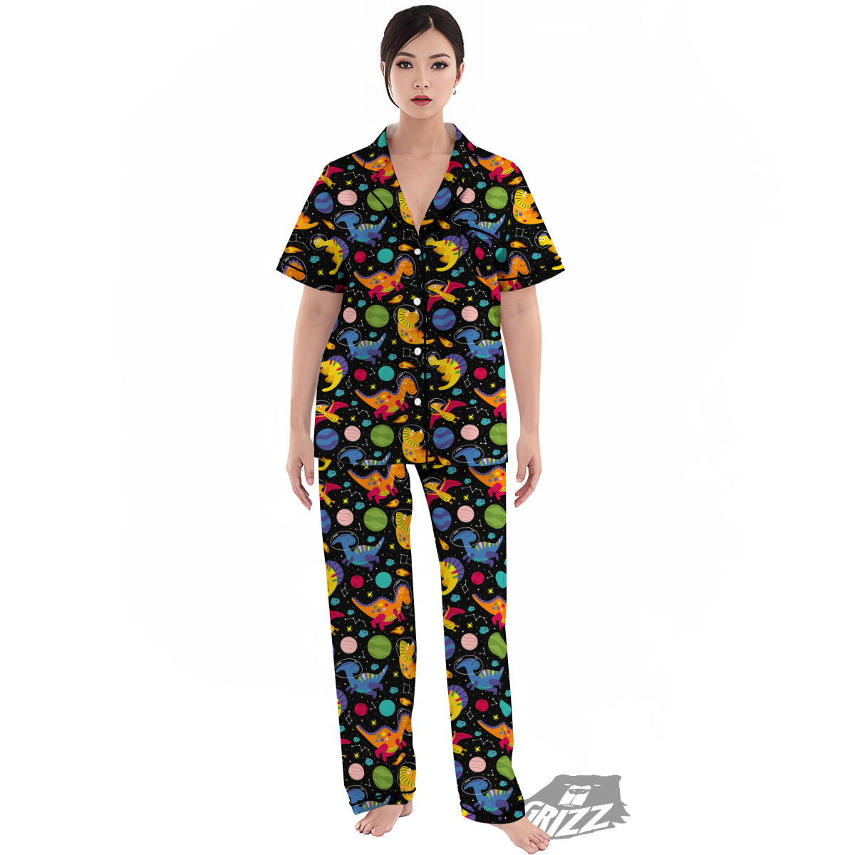 Cute Dinosaurs In Space Print Pattern Women's Pajamas Set-grizzshop