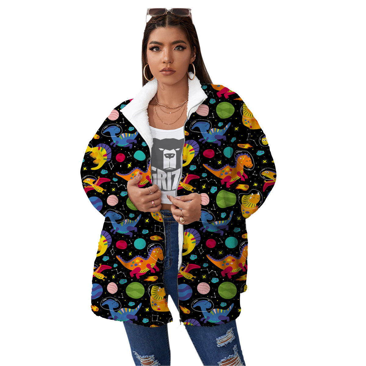 Cute Dinosaurs In Space Print Pattern Women's Sherpa Jacket-grizzshop