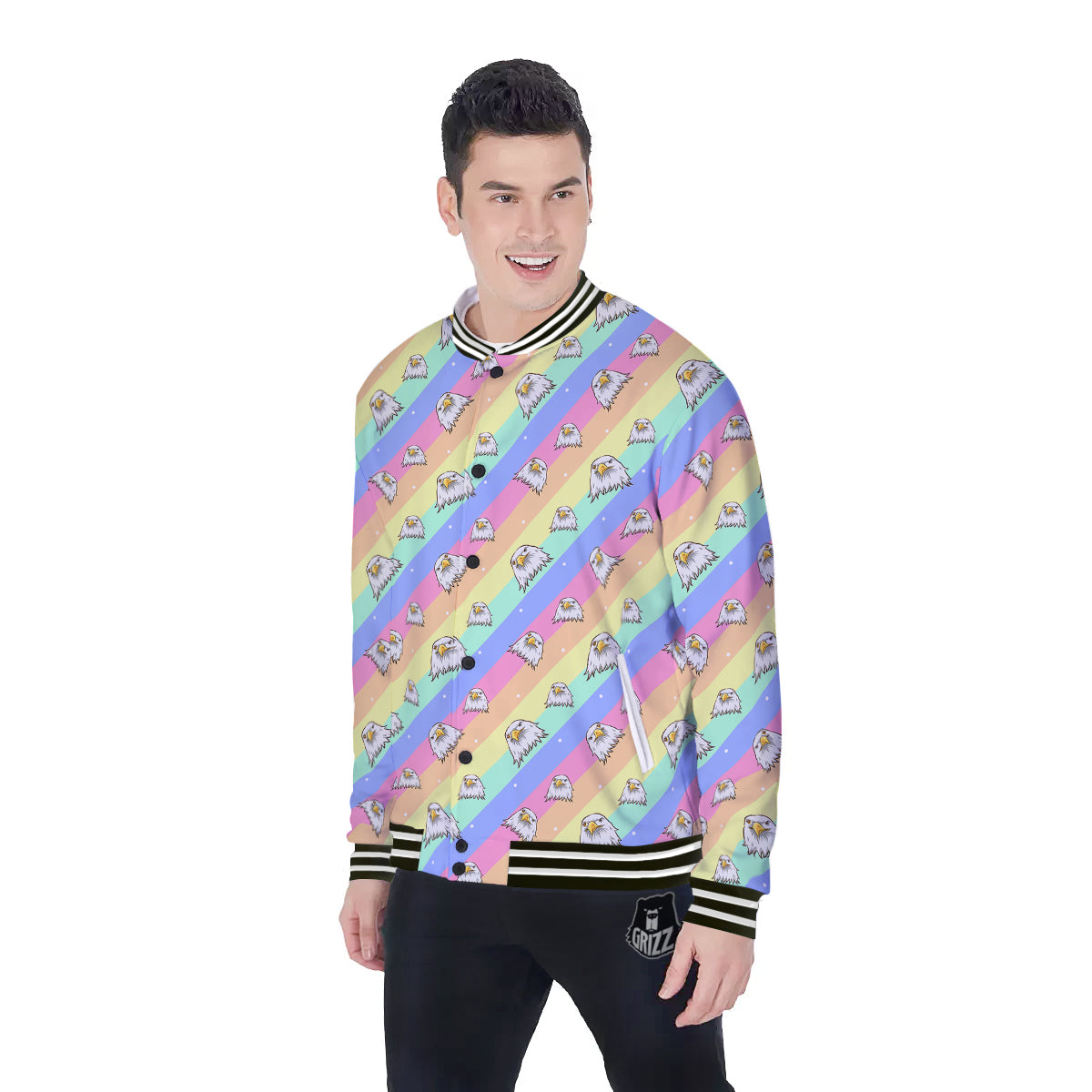 Cute Eagle Rainbow Print Pattern Baseball Jacket-grizzshop