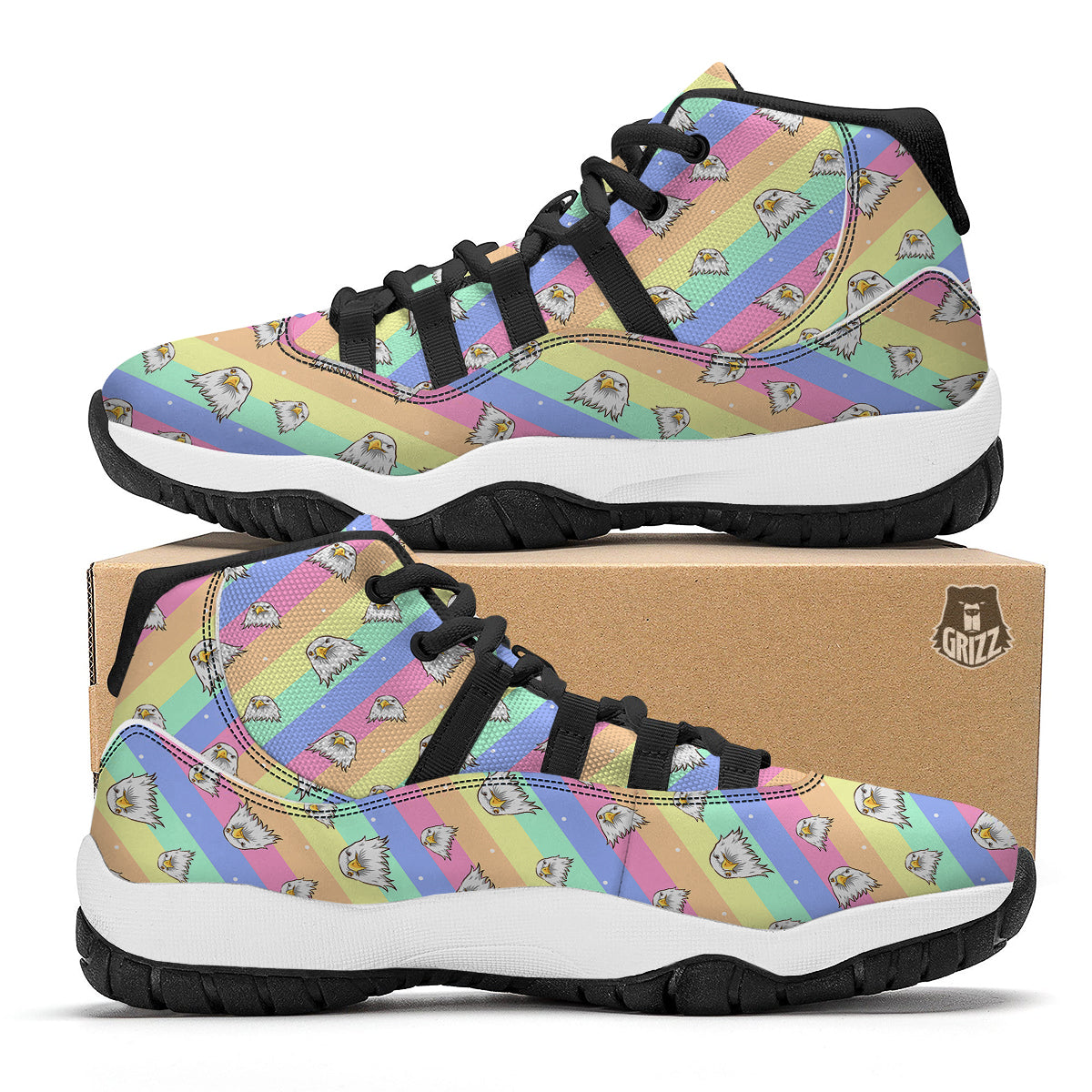Cute Eagle Rainbow Print Pattern Black Bball Shoes-grizzshop