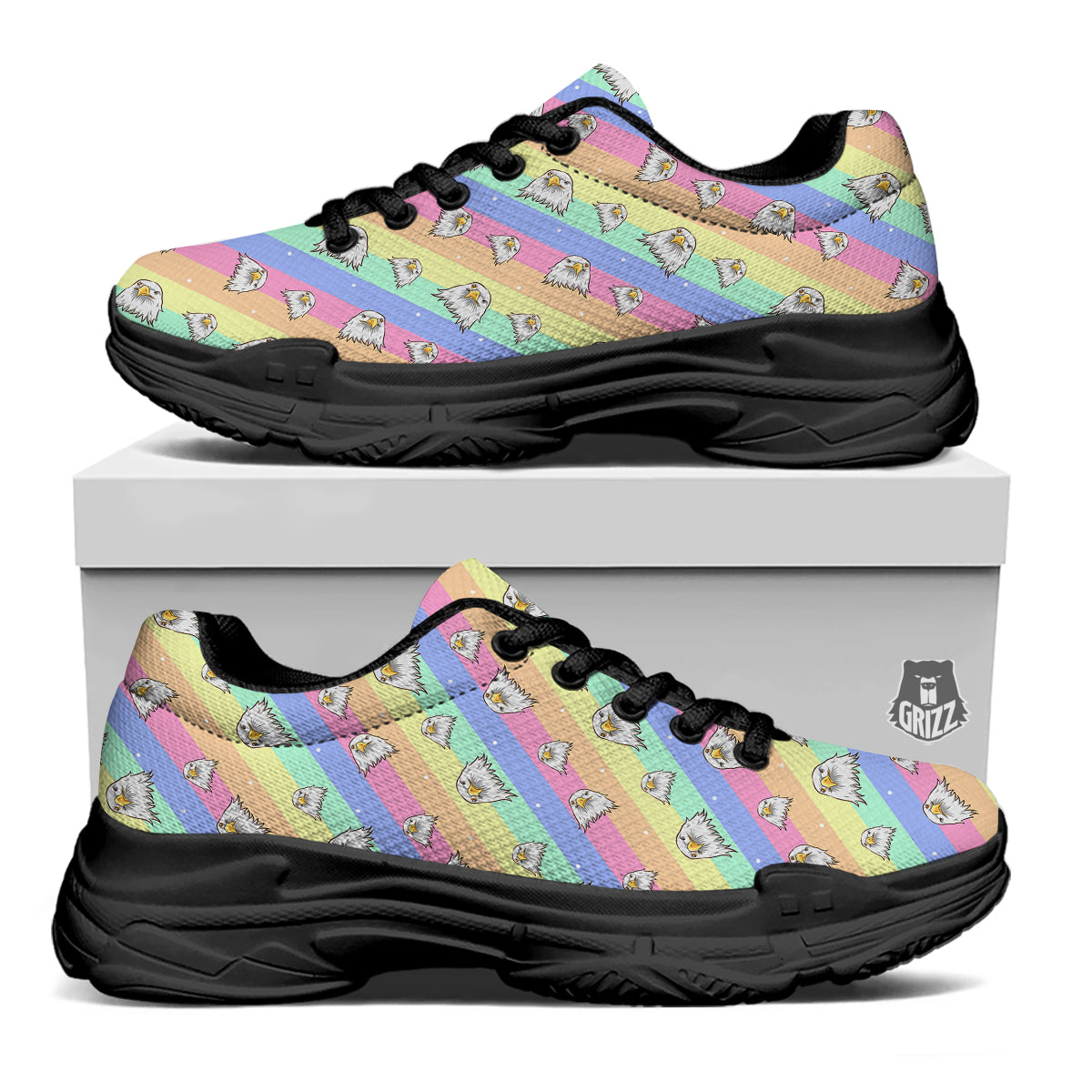Cute Eagle Rainbow Print Pattern Black Chunky Shoes-grizzshop