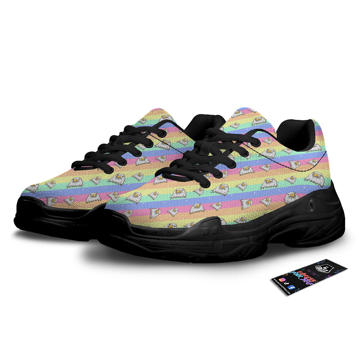 Cute Eagle Rainbow Print Pattern Black Chunky Shoes-grizzshop