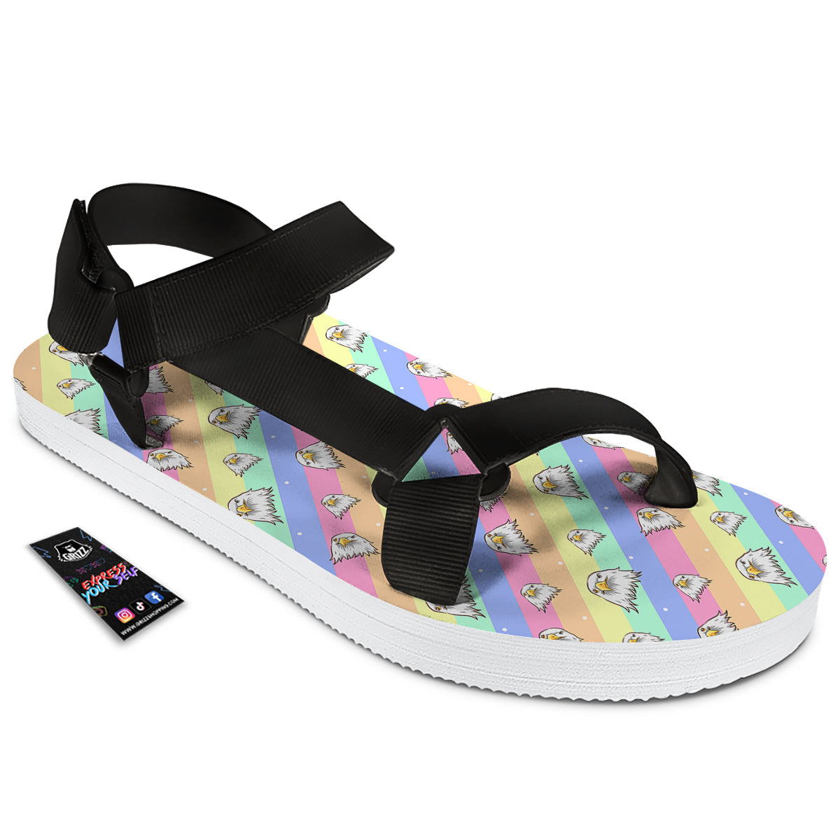 Cute Eagle Rainbow Print Pattern Black Open Toe Sandals-grizzshop