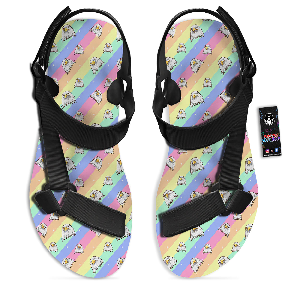 Cute Eagle Rainbow Print Pattern Black Open Toe Sandals-grizzshop