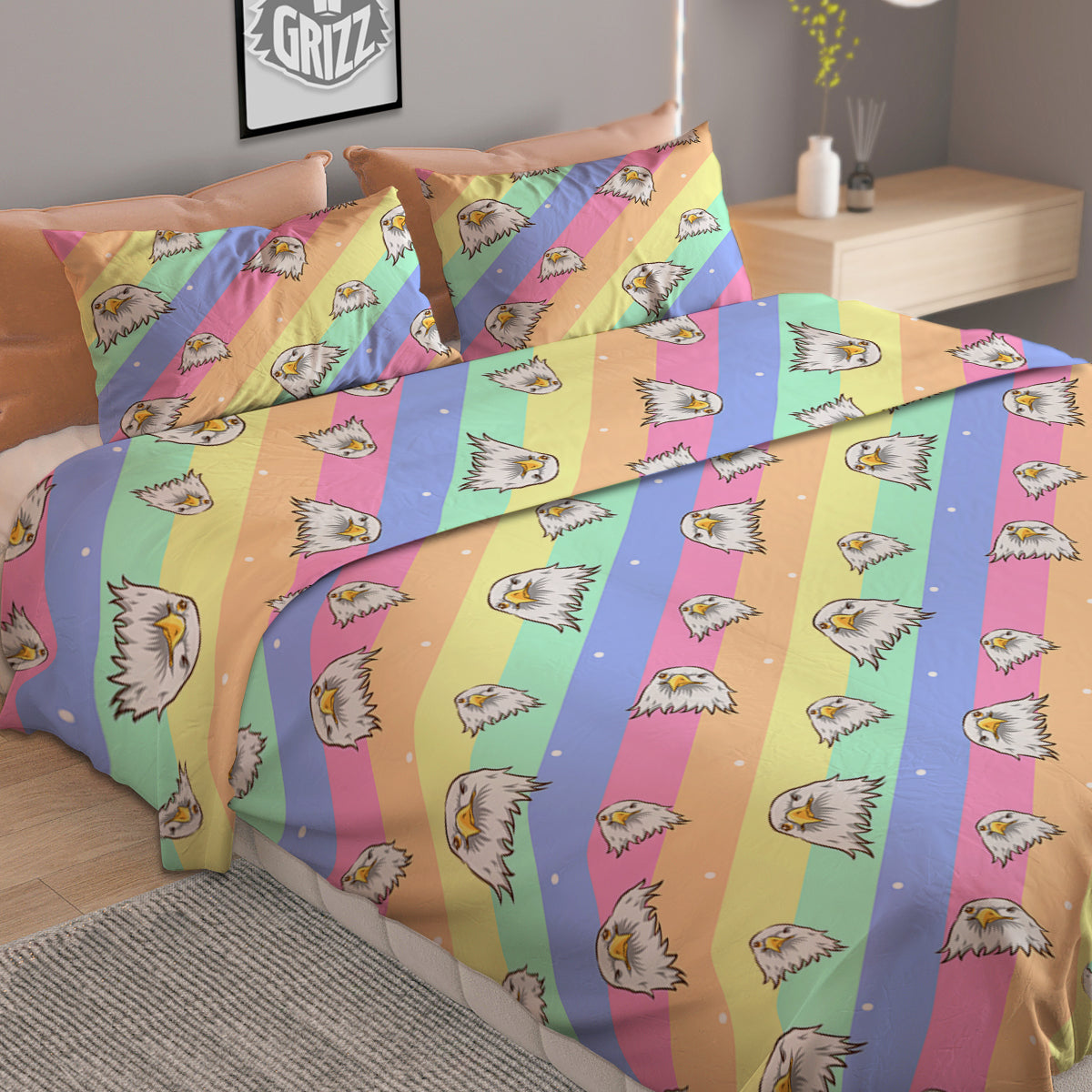 Cute Eagle Rainbow Print Pattern Duvet Cover Bedding Set