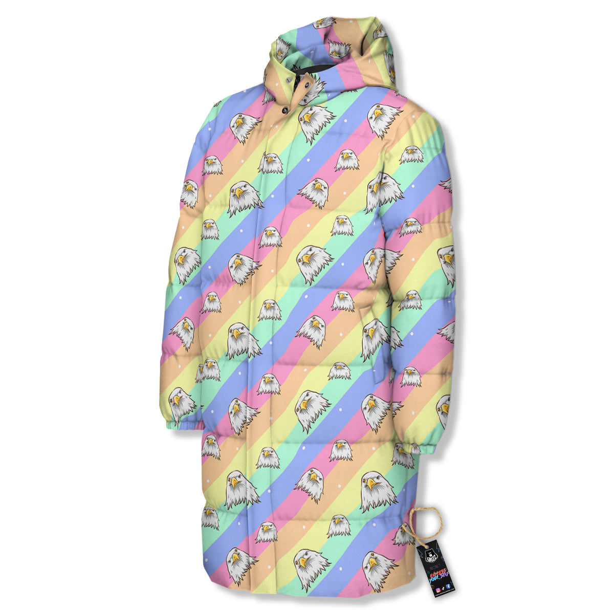 Cute Eagle Rainbow Print Pattern Long Down Jacket-grizzshop