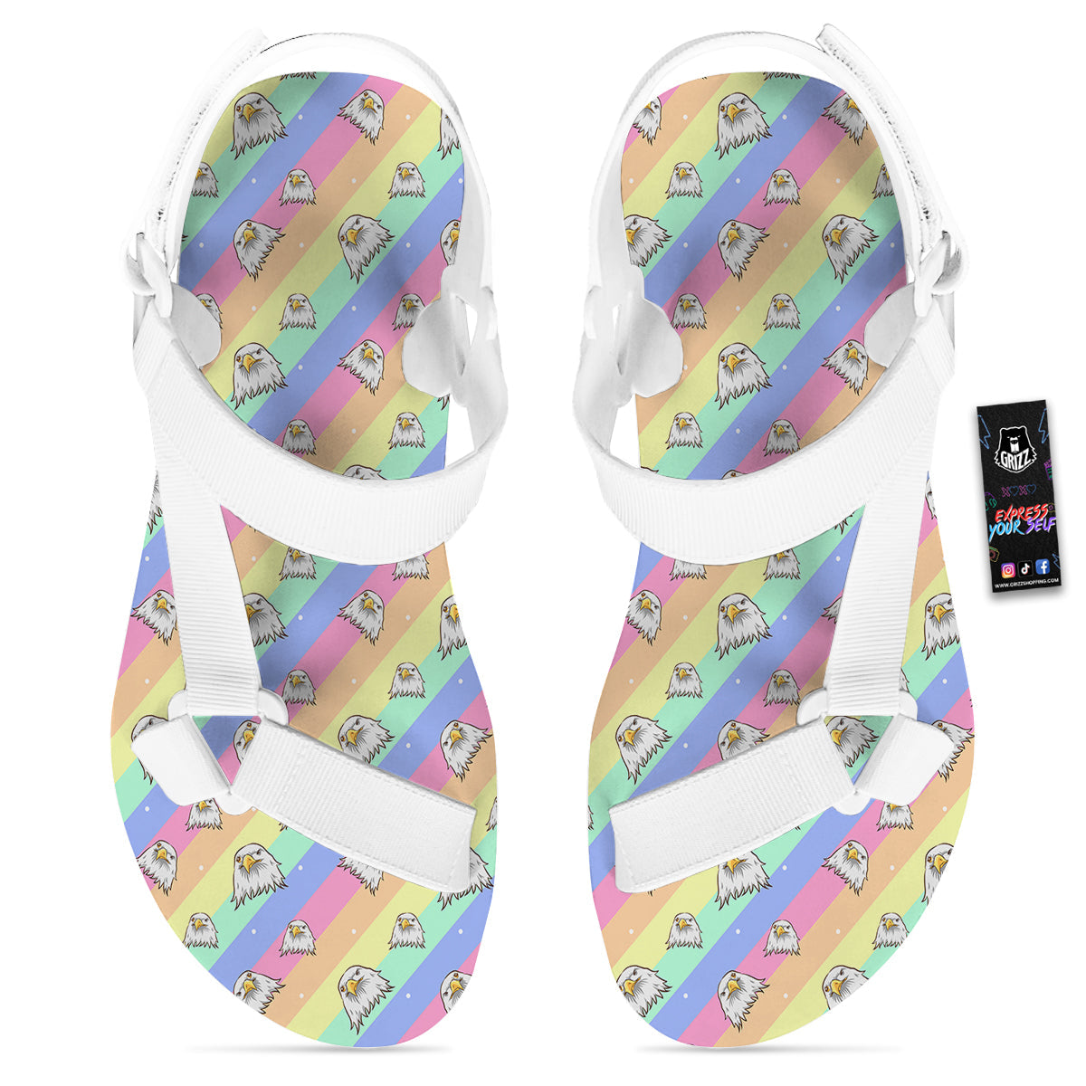 Cute Eagle Rainbow Print Pattern White Open Toe Sandals-grizzshop