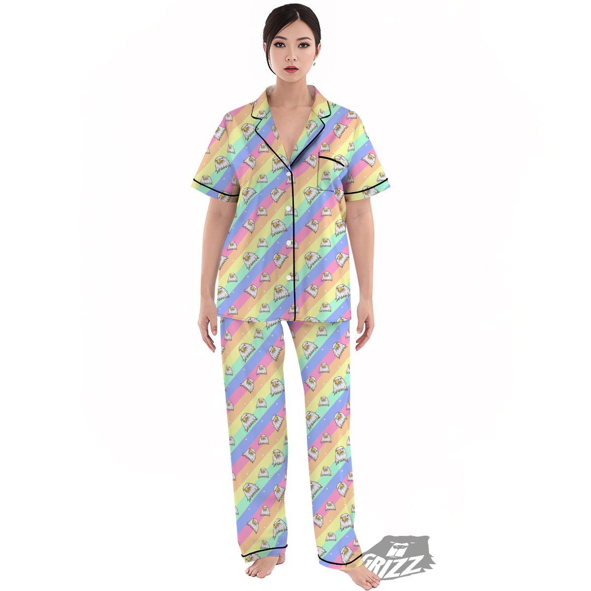 Cute Eagle Rainbow Print Pattern Women's Pajamas Set-grizzshop