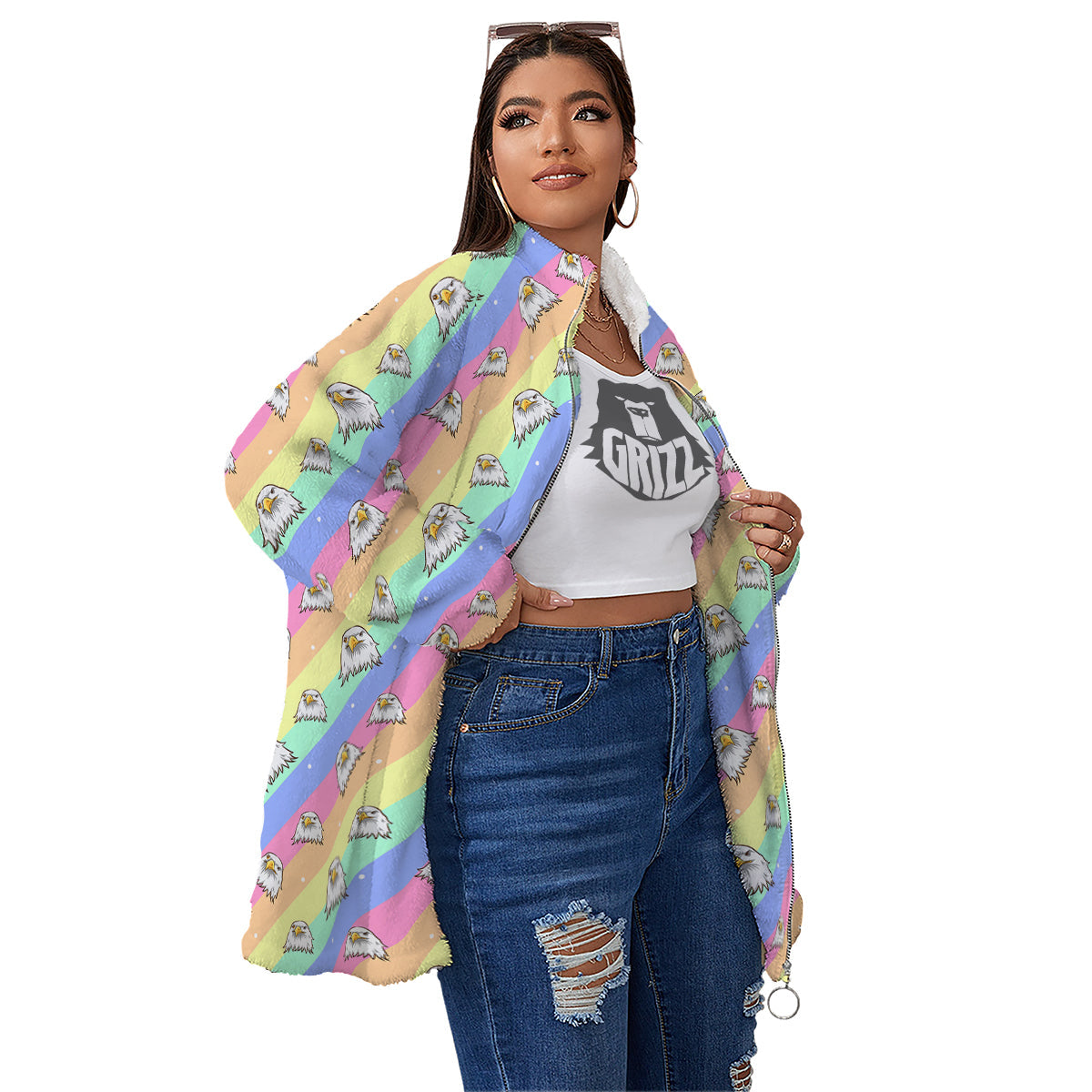 Cute Eagle Rainbow Print Pattern Women's Sherpa Jacket-grizzshop