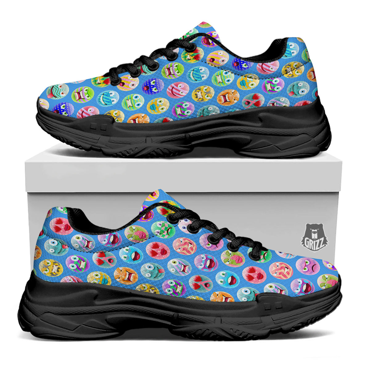 Cute Emoji Blue Print Pattern Black Chunky Shoes-grizzshop