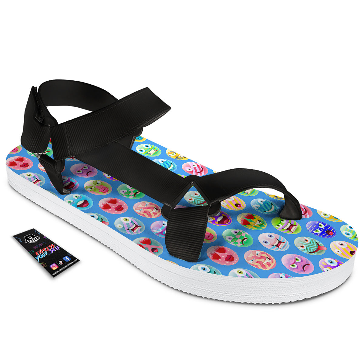 Cute Emoji Blue Print Pattern Black Open Toe Sandals-grizzshop
