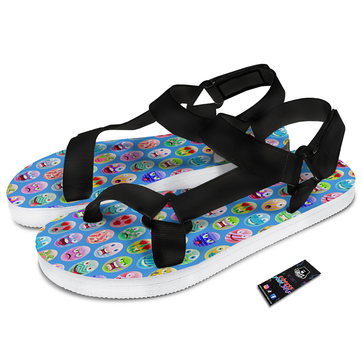 Cute Emoji Blue Print Pattern Black Open Toe Sandals-grizzshop