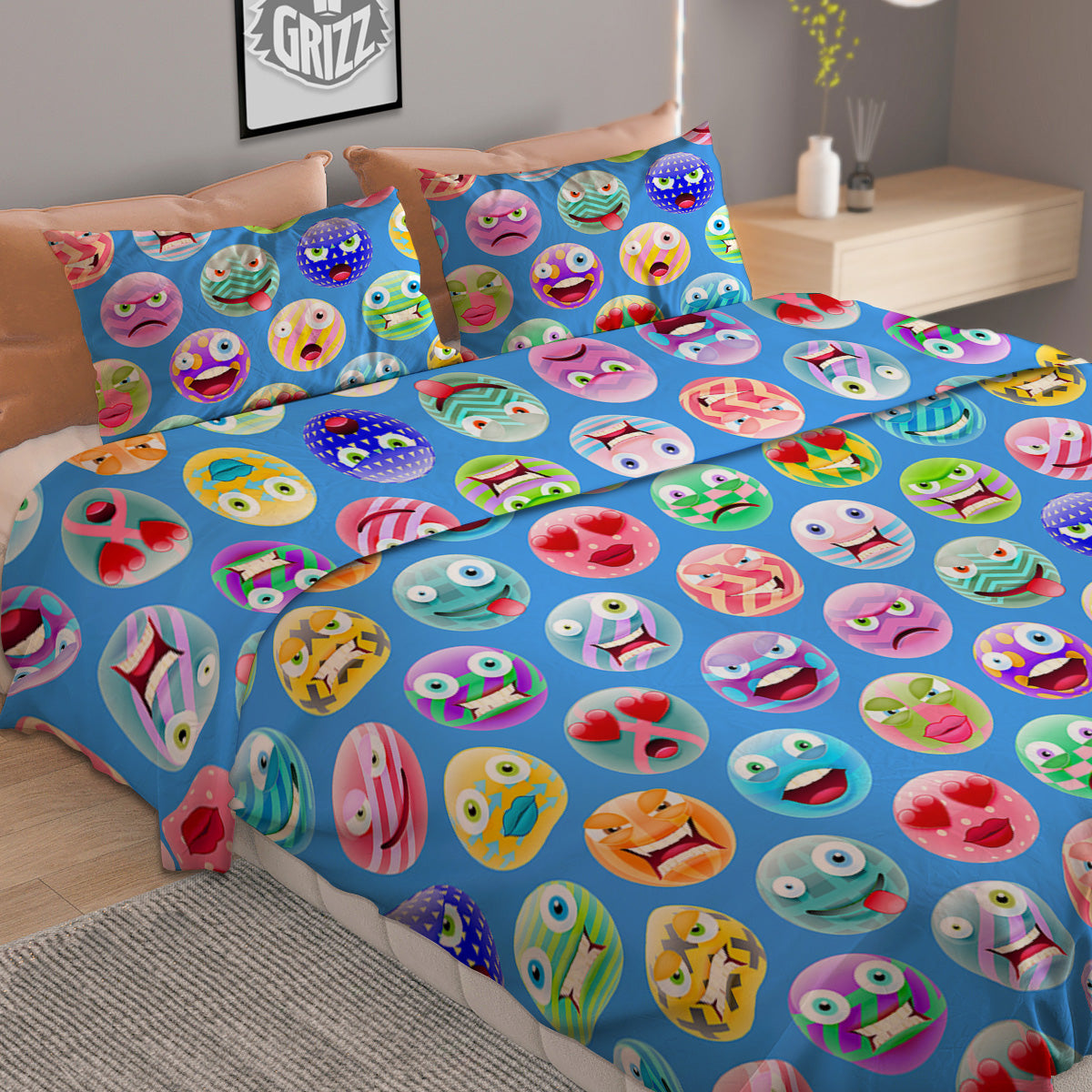 Cute Emoji Blue Print Pattern Duvet Cover Bedding Set